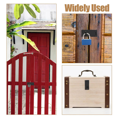 Lock Everything Down With These Rock Solid 4 Inch Black Hasp Latches In A Heavy Duty 4 Pack Cast Iron Padlock Clasp Ideal For Backyard Gates Outdoor Doors Fence Hardware on a red gate, wooden door, and box.