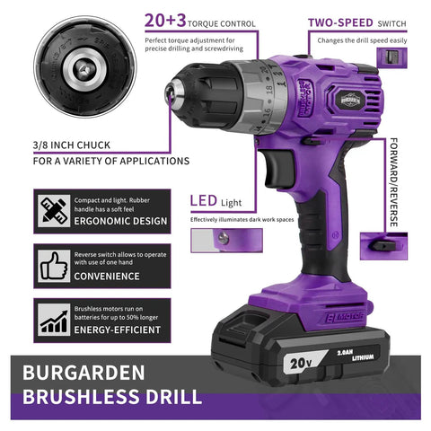 Purple Brushless Cordless Drill Set For Home DIY, 20V Compact Power Driver Kit with ergonomic design and LED light
