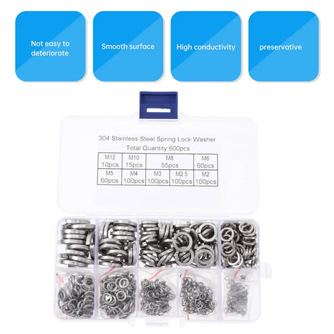 Stainless Steel Spring Lock Washer Kit M2 To M10 600 Piece Assortment For Heavy Duty Industrial Grade Machinery Mechanical Repair