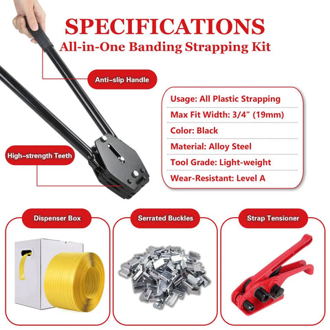 Badass Heavy Duty Poly Strapping Banding Kit With Ratchet Tensioner, features lightweight alloy steel tool with anti-slip handle.