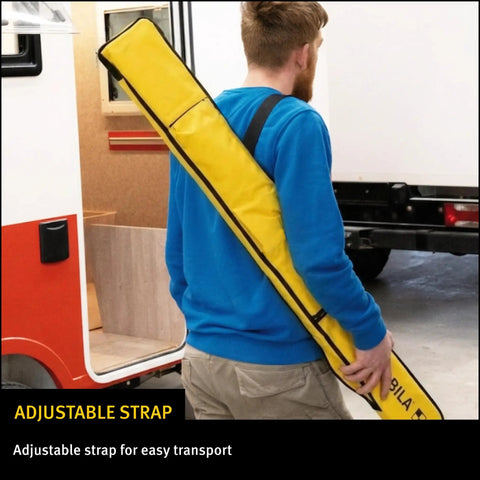 Person carrying Heavy Duty Nylon Carrying Case For Plate Levels 6ft To 10ft With Adjustable Strap Lined Interior in bright yellow