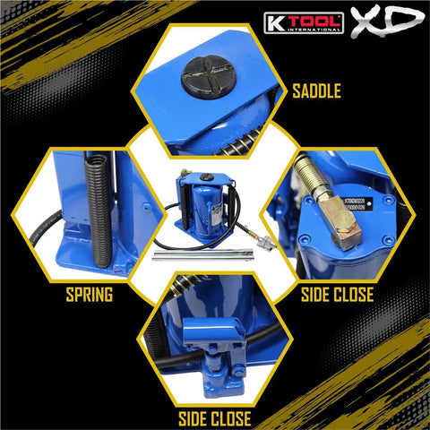 Massive Twenty Ton Air Hydraulic Bottle Jack For Garage Shop And Diy Rigs Heavy Duty Steel detail of spring and saddle in blue.