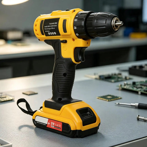 No Hassle Heavy Duty Cordless Power Drill Workhorse With High Torque Motor And Quick Swap Chuck For Fast Woodworking And DIY Builds Rock Solid Handheld Tool on a workbench.