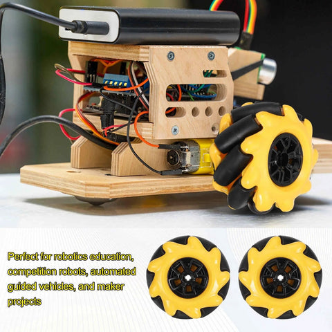 Yellow Mecanum wheel set for robot cars on a DIY project
