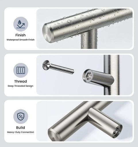 Close-up of 30 Pack Brushed Nickel Cabinet Handles showing waterproof finish, threaded design, and durable connection.