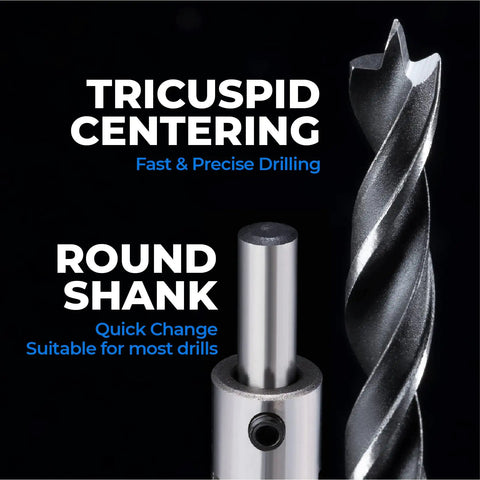 Close-up of high carbon steel drill bit with tricuspids and round shank, part of 7 Piece Countersink Drill Bits Set For Woodworking.