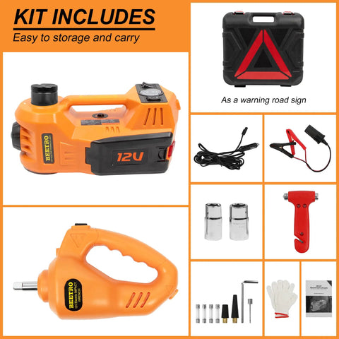 5 Ton 12V Electric Car Jack Kit With Portable Wrench And Tire Inflator Pump, LED Work Light And Warning Light, 4 In 1 Emergency Tire Change For SUV MPV Sedan, Garage Repair, Compact Yet Powerful, kit components including orange electric jack and tools.