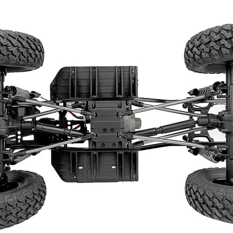 Bottom view of RC vehicle showing 313mm Wheelbase Stainless Steel Rod End Linkage for Axial SCX10 II with heavy-duty suspension.