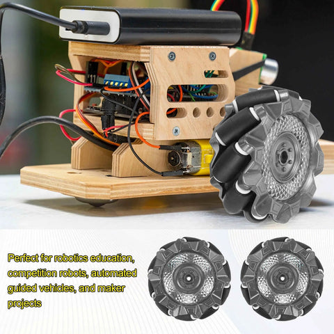66mm Mecanum wheels for robot cars in use with DIY wooden robot model showcasing omni-directional movement for robotics education.