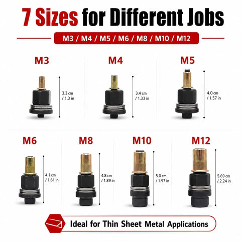 Heavy Duty Rivet Nut Tool Kit for M3 to M10 Nuts with 16 Inch Long Handle for Maximum Leverage, Carbon Steel Rivet Nut Plier, Manual and Drill Compatible; 7 mandrels for thin sheet metal