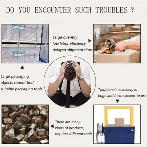 Image highlighting challenges in packaging, showing a stressed worker, traditional machinery, and cluttered boxes.