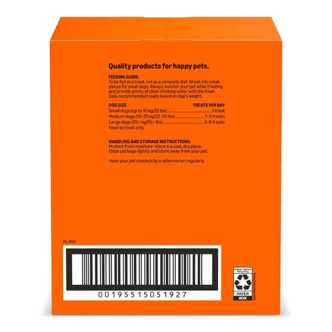 Feeding guide and storage instructions on a bright orange box for Premium Crunchy Multi Flavor Dog Biscuits Baked In Usa.