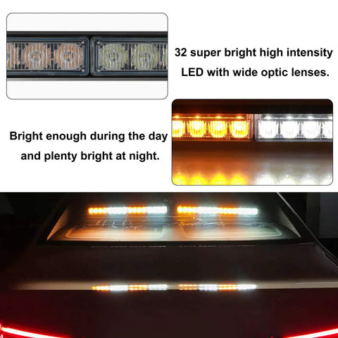 Straight Up Tough 2X16 Inch Led Strobe Light Bar Packing 32 Blazing Diodes And 26 Quick Swap Flash Patterns illuminated in amber and white.