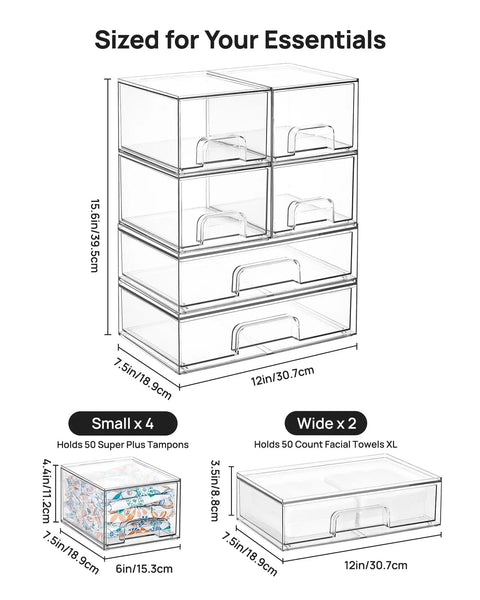 Stackable Storage Drawers Set Of Six Clear Plastic Organizer Bins, dimensions shown for each bin, ideal for bathroom and pantry use.