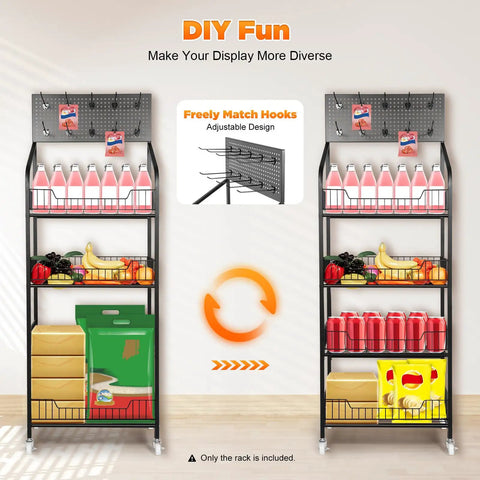 Heavy Duty Four Tier Mesh Display Rack With Ten Secure Hooks Mobile Snack Organizer Cart Featuring Smooth Gliding Locking Casters with various foods and drinks displayed.