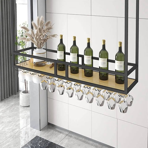 Built Tough Ceiling Wine Rack Suspension With Iron Square Tube Bracket For Wine Glasses Bottles And Storage Black Wall Mount Shelf Hangable Organizer For Garage Or Kitchen 100 By 30 By 80 Cm
