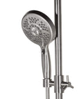 AquaBar Shower System With 5 Function Hand Shower Slide Bar Brushed Nickel Finish No Drill Surface Mounted Retrofit For Easy Installation Pre Plumbed And Water Saving Trickles 59 Inch Double Interlocking Hose, close-up view of hand shower on bar.