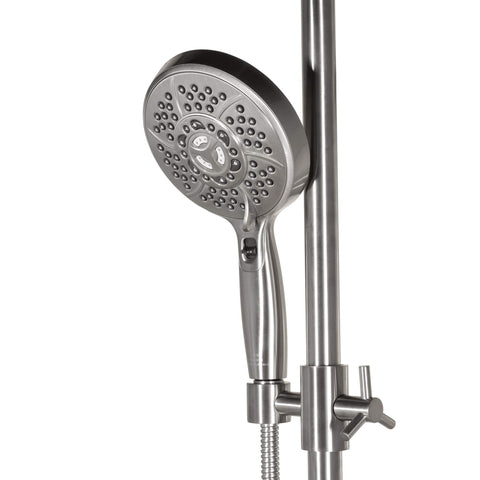AquaBar Shower System With 5 Function Hand Shower Slide Bar Brushed Nickel Finish No Drill Surface Mounted Retrofit For Easy Installation Pre Plumbed And Water Saving Trickles 59 Inch Double Interlocking Hose, close-up view of hand shower on bar.