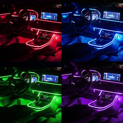 Lit Interior Car LED Strip Lights With Wireless App And Remote Control, RGB 5 In 1 Ambient Lighting Kit showcasing color options in car
