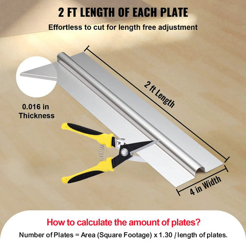 Diagram of 2 ft aluminum PEX radiant floor heat transfer plates, thickness 0.016 in, with snips for length adjustment.