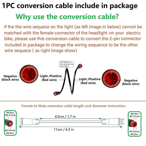 Diagram of conversion cable for Bright 4 LED Ebike Front Headlight For 24V 60V E Bikes And E Scooters Waterproof 2 Pin Male Connector 360 Degree Beam Night Rider Ready Bike Lamp For Safe Commute showing wire connections and measurements.
