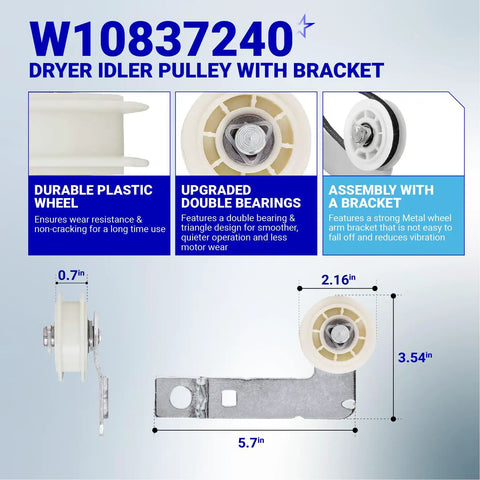 High Grade Dryer Repair Kit Featuring Smooth Idler Pulley Replacement and Tough Four Rib Drum Belt for 27 and 29 Inch Machines diagram of durable plastic wheel and bracket assembly.