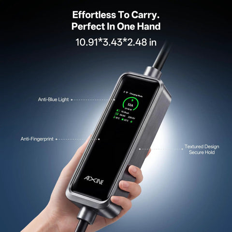 Level 2 EV Charger With WiFi App, 32A J1772, hand holding portable charger with display, ergonomic design, indoor outdoor use