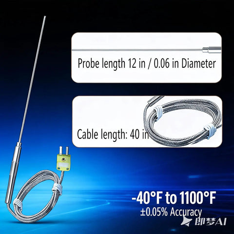 2-Pack Type K Thermocouple Probe With Flexible Sensor For High Temperature Measurements Go-To Tool For Serious Heat Minus 40 To 1100 Fahrenheit 0.06 Inch Diameter 40 Inch Cable Plus Minus 0.05 Percent Accuracy Durable Replacement For Industrial Ovens shown with cable and sensor