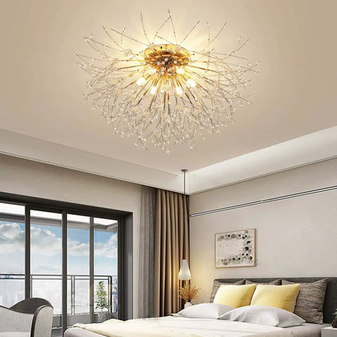 Six Light Firework Sputnik Statement Chandelier Modern Crystal Pendant Lighting Semi Flush Mount 24 Inch LED Gold Finish
