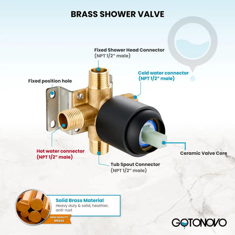 Brass shower valve for 2 In 1 Dual Shower Head And Handheld Faucet Set With Tub Spout Wall Mount Trim Kit, showing connectors.