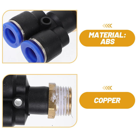 Top Tier 16 Piece Air Hose Connector Fitting Kit Made With Tough Abs And Copper For Fast Push-To-Connect Setup On Any Air Compressor Or Pressure Washer Job ABS fitting close-up with blue push-connect ends and copper threaded adapter