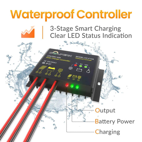 Off Grid Ready 10A Solar Charge Controller For 12V And 24V Systems, IP67 Waterproof PWM Battery Regulator With LED Display