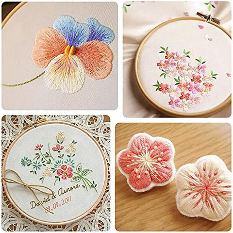 Premium Rainbow Embroidery Thread 140 Piece Friendship Bracelet Floss Kit shown in vibrant flower designs on fabric and hoops.