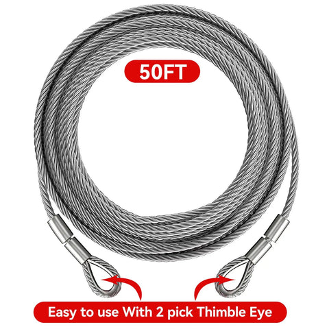 Beefy Heavy Duty Tow Cable With 2 Pick Thimble Eyes, 3/8 Inch 7x19 Steel Cable, 13980 Lbs Breaking Strength, 50 Feet, Coiled