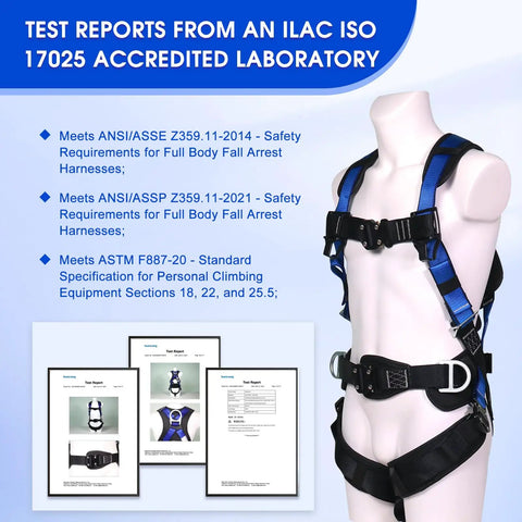 Heavy Duty Full Body Fall Protection Safety Harness With Shock Absorbing Lanyard And Super Comfy Ventilated Mesh Padding For No Sweat Daily Grind Plus Four Quick Release Buckles Blue on mannequin with test reports.