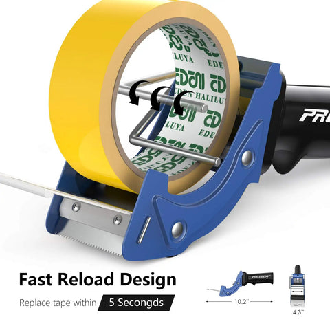Kickass Two Inch Tape Gun Dispenser With Fast Reload Mechanism and Dual Rollers showing yellow tape with metal rod for easy loading.