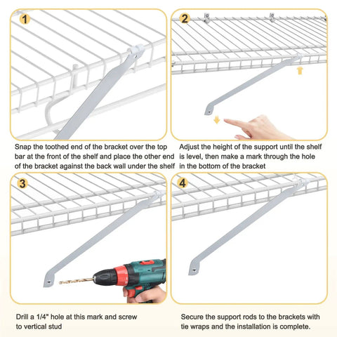 Installation process for 6 Piece 12 Inch Wire Shelf Brackets White Closet Support Hardware with brackets on wire shelving.