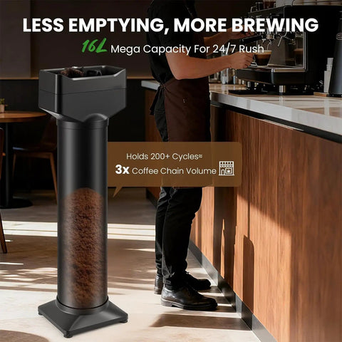 Vertical Electric Espresso Portafilter Cleaner With Knock Box Combo Auto Ground Removal For Home And Cafe Baristas Smooth Daily Grind Cleanup Universal Fit Quick Dump Station with 16L capacity.