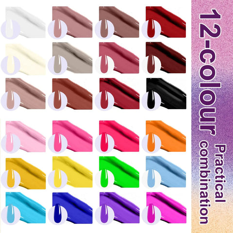 24 Color Gradient Nail Gel Palette Set With Nude White Pink Blue Black Ombre Shades displayed in 12-color gradient samples