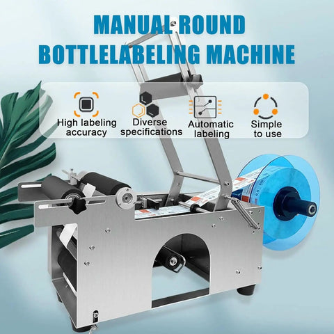 No Sweat Manual Round Bottle Labeling Machine And Adjustable Label Applicator for Small Biz with stainless steel construction.