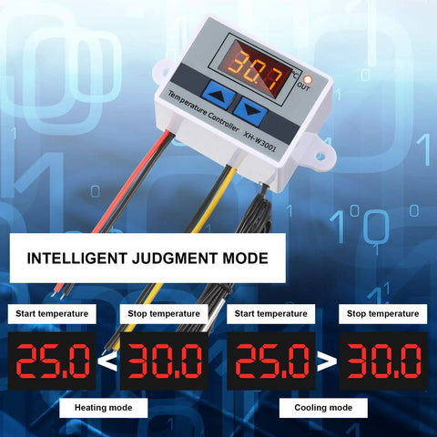Digital LED Temperature Controller Module With Waterproof Probe displaying 30.7°C in programmable thermostat interface.