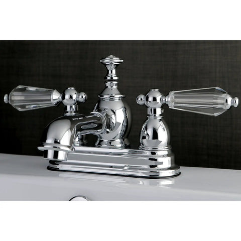 4 Inch Centerset Bathroom Faucet In Slick Polished Chrome With Drip Free Ceramic Cartridge, Crystal Lever Handle, Brass Construction