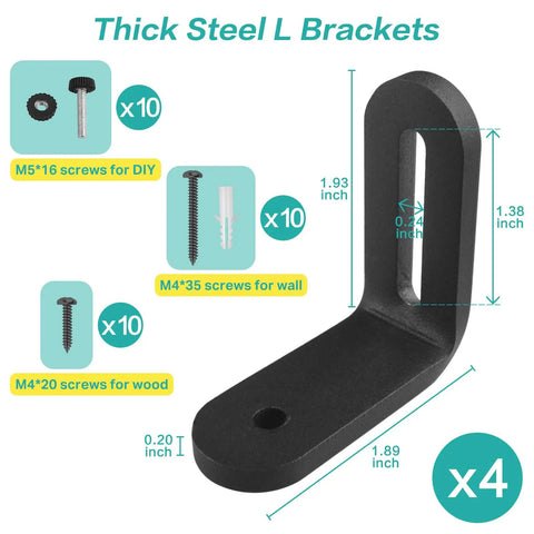 Badass Solid Iron L Shelf Brackets 4 Pack Heavy Duty Angle Mount Supports 60 Lbs Each Sandblasted Matte Industrial Wall Bracket Kit with screws for installation.