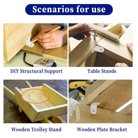 Scenarios for use of Heavy Duty White Metal L Brackets 20 Pack including DIY, table stands, trolley stands, and plate brackets.