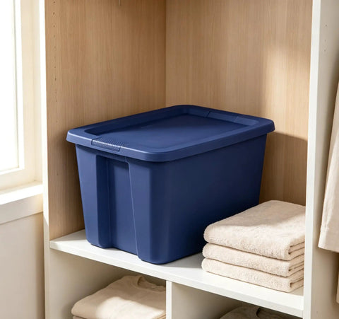Built Tough 18 Gallon Blue Plastic Storage Tote Bin Featuring A Secure Snap On Lid For Zero Hassle Home Organization And Reliable Gear Storage Year Round on a shelf.