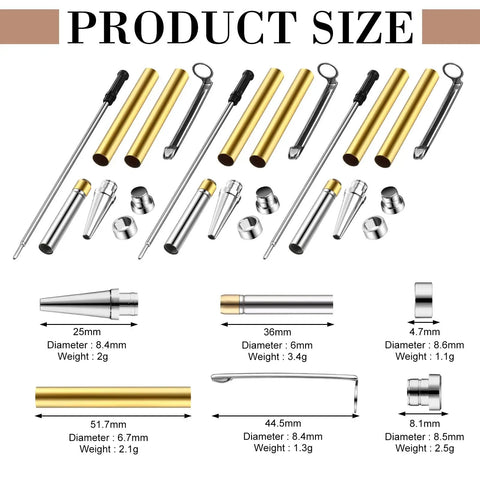 Knockout Twenty Piece 7Mm Slimline Twist Pen Kit With Shiny Silver Refills showing detailed product sizes and weights of components