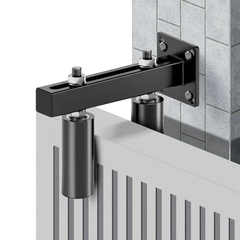 Installed 6 Inch Slide Gate Guide Roller With Adjustable UHMW Nylon Guider on metal fence, heavy duty hardware, black finish.