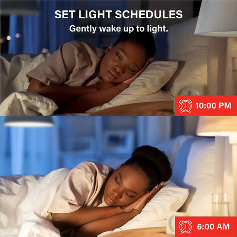 Woman sleeping, illustrating Zigbee Smart Light Bulbs 8 Pack With Hub Required, showing light schedule feature at 10 PM and 6 AM.