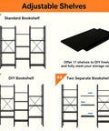 Triple Column 4 Tier Industrial Bookshelf with 11 Open Display Shelves showing adjustable shelving options