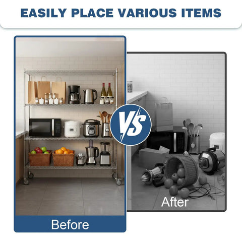 Five Tier Heavy Duty Steel Storage Rack On Wheels With Tool Free Assembly And Massive Capacity Before After Comparison